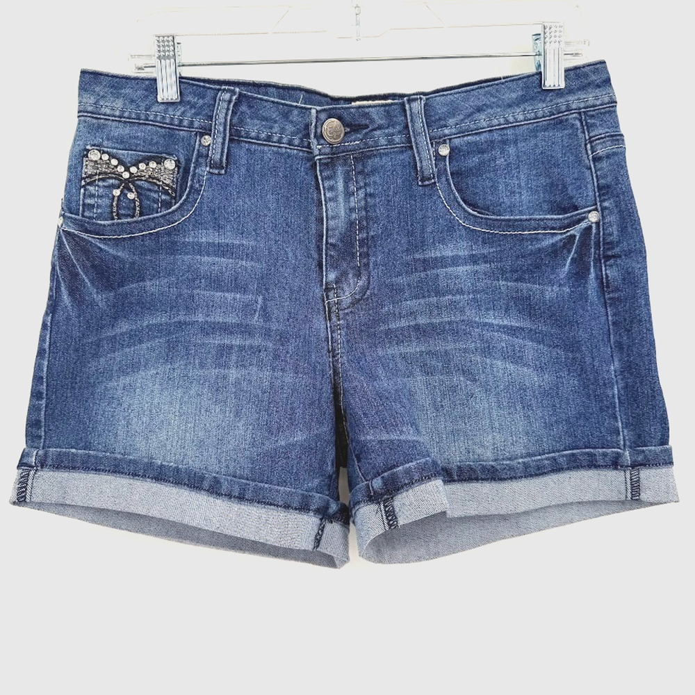 Earl Jean Denim Shorts Womens 10 Blue Cuffed Rhinestone Embellished Y2K